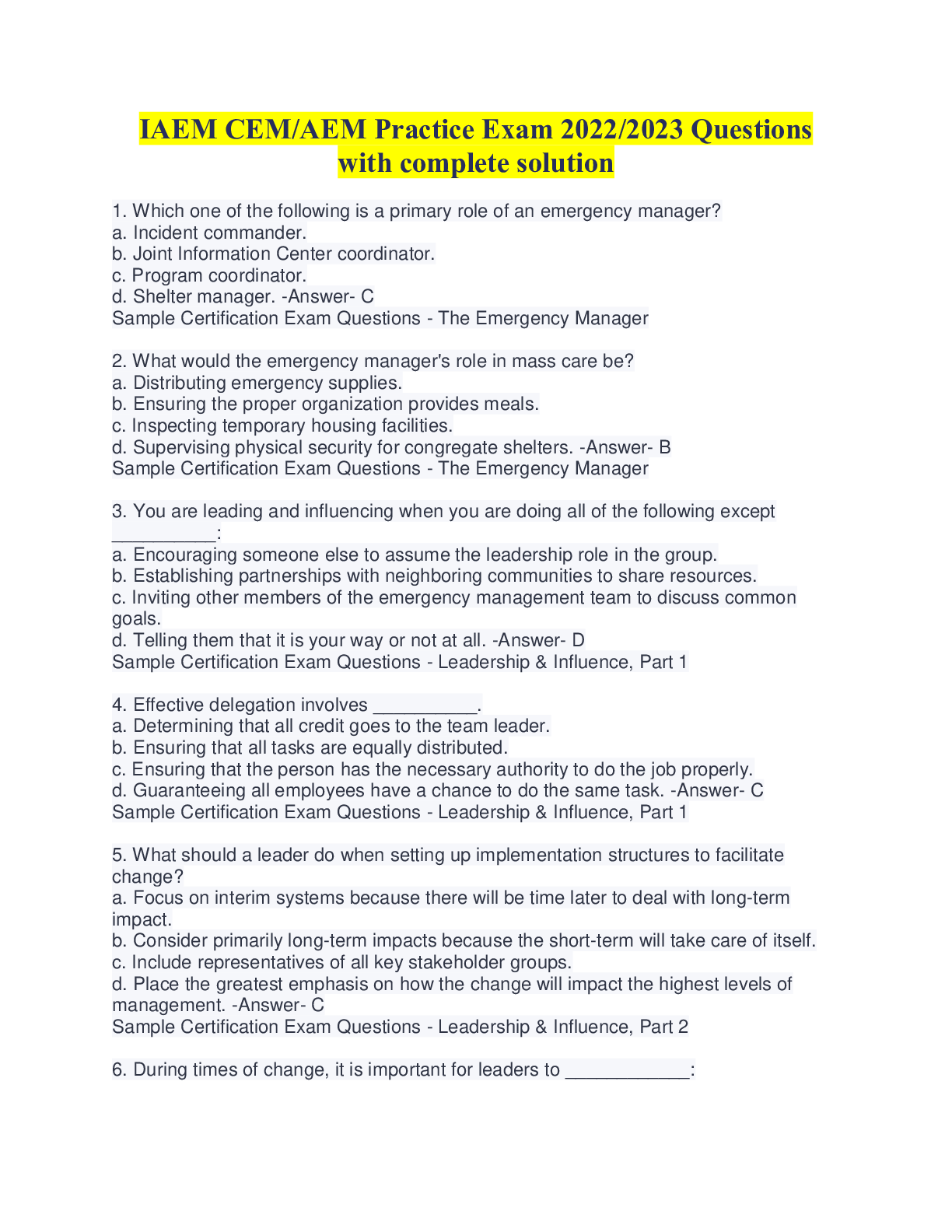 IAEM CEM/AEM Practice Exam 2022/2023 Questions with complete solution